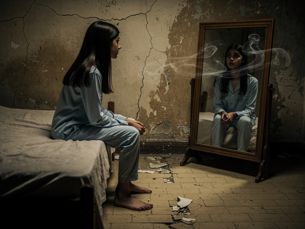 وتشعر بوجود غامض حولها دائمًا.
ومنذ ذلك اليوم لم تعد حياتها عادية أبدًا.
وأصبحت كل ليلة تنظر إلى المرايا بحذر شديد وتشعر أن ه