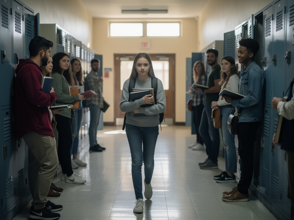 “Новенькая”
Коридор школы, утро. Камера слегка дрожит, как будто снято на айфоне.
София идёт по коридору, держит учебники.