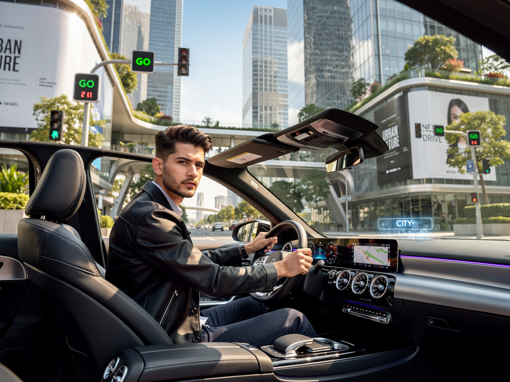 تخيل لو: حاب رجال وسيم يسوق سيارة مرسيدس-بنز الفئة-A A 200 Saloon في مدينة ذكية.