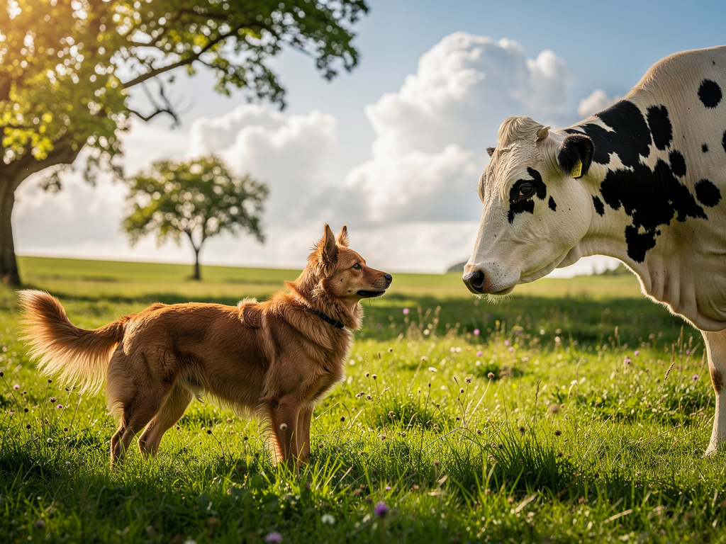 Imagine if: Dog speak with cow about sun creation.