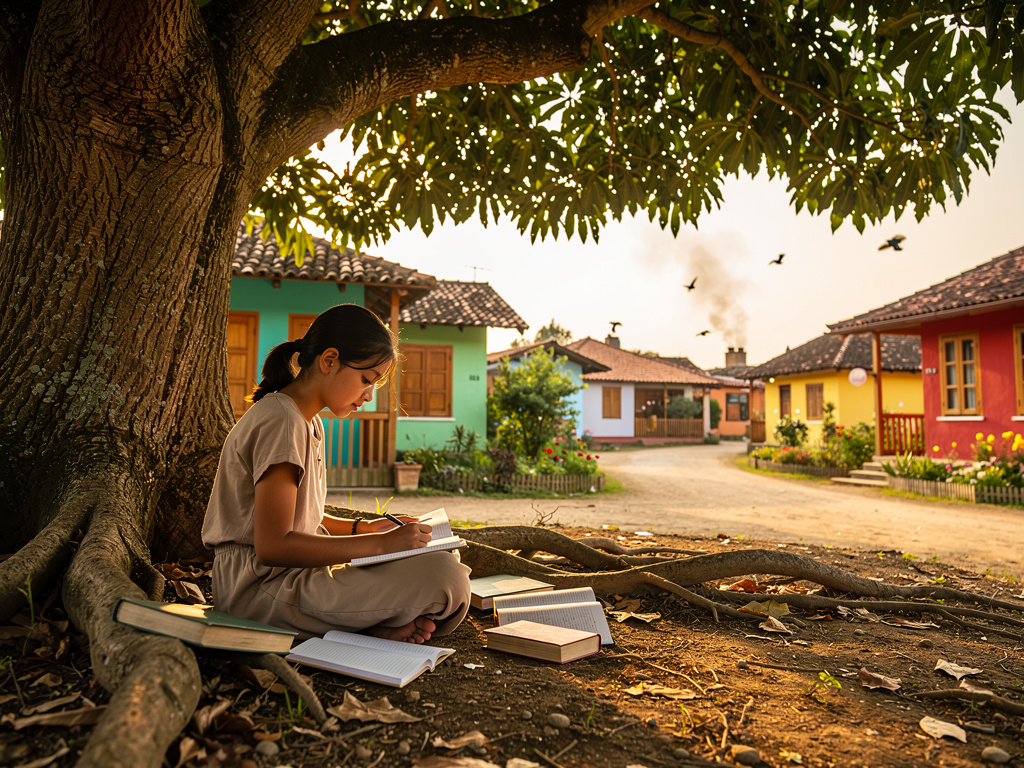 Imagine if: 16 year girl sitting and study under tree. Village background. Cartoon.