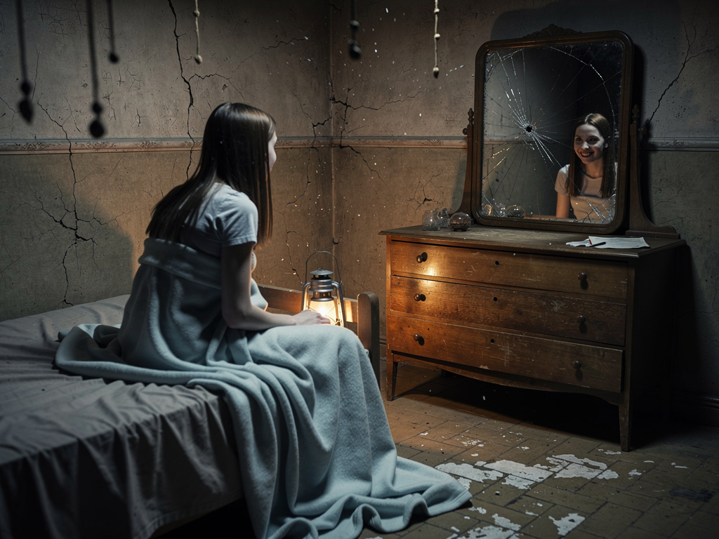 مختلفة، ثم بدأ يطرق على سطح المرآة من الداخل كأنه يريد الخروج.
تراجعت ليلى بسرعة، لكن الغرفة بدأت تهتز، وظهرت شقوق خفيفة في ا