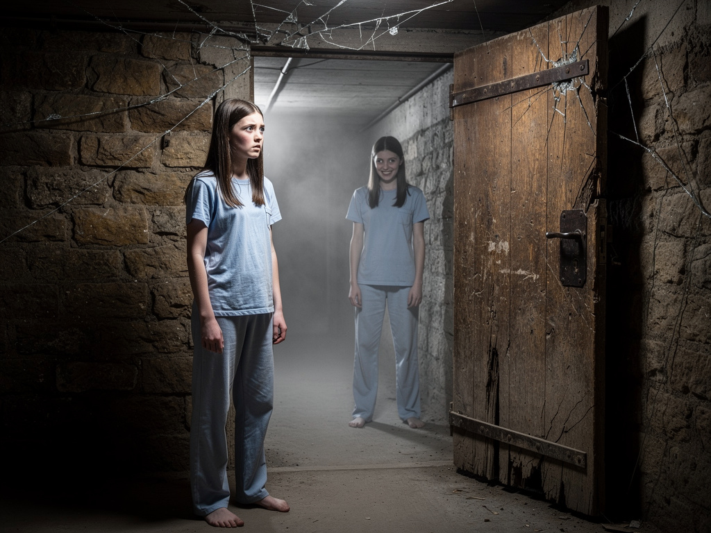 في صباح اليوم التالي، قررت أن تعود إلى القبو مرة أخرى رغم خوفها.
عندما وصلت، وجدت الباب القديم مفتوحًا من تلقاء نفسه، وكأنه ك