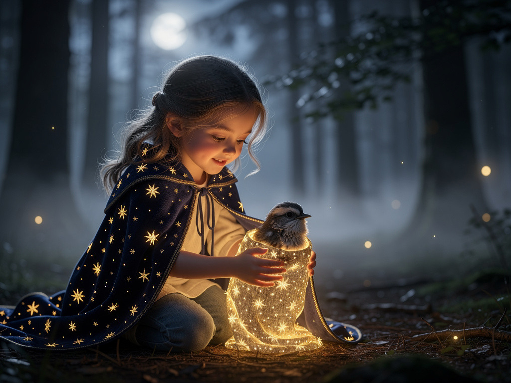 Imagine if: Pookie finds a small, sad bird. The bird is cold.
Pookie uses their magical starry cape.
Pookie covers the tiny b