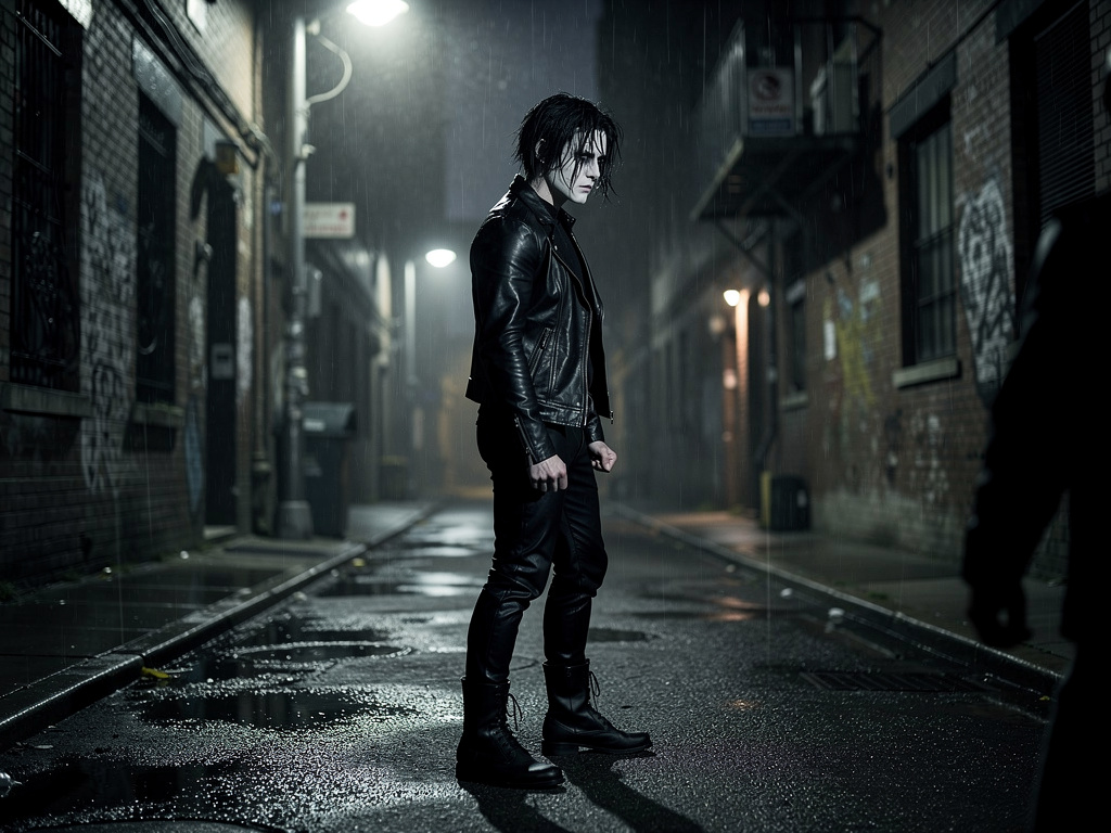 Mi personaje tiene el pelo despeinado color negro y ropa de cuero negro y piel blanca.