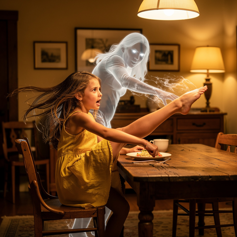 Imagine if: A girl is eating food and suddenly a Ghost comes and scares her, but she kicks the ghost.