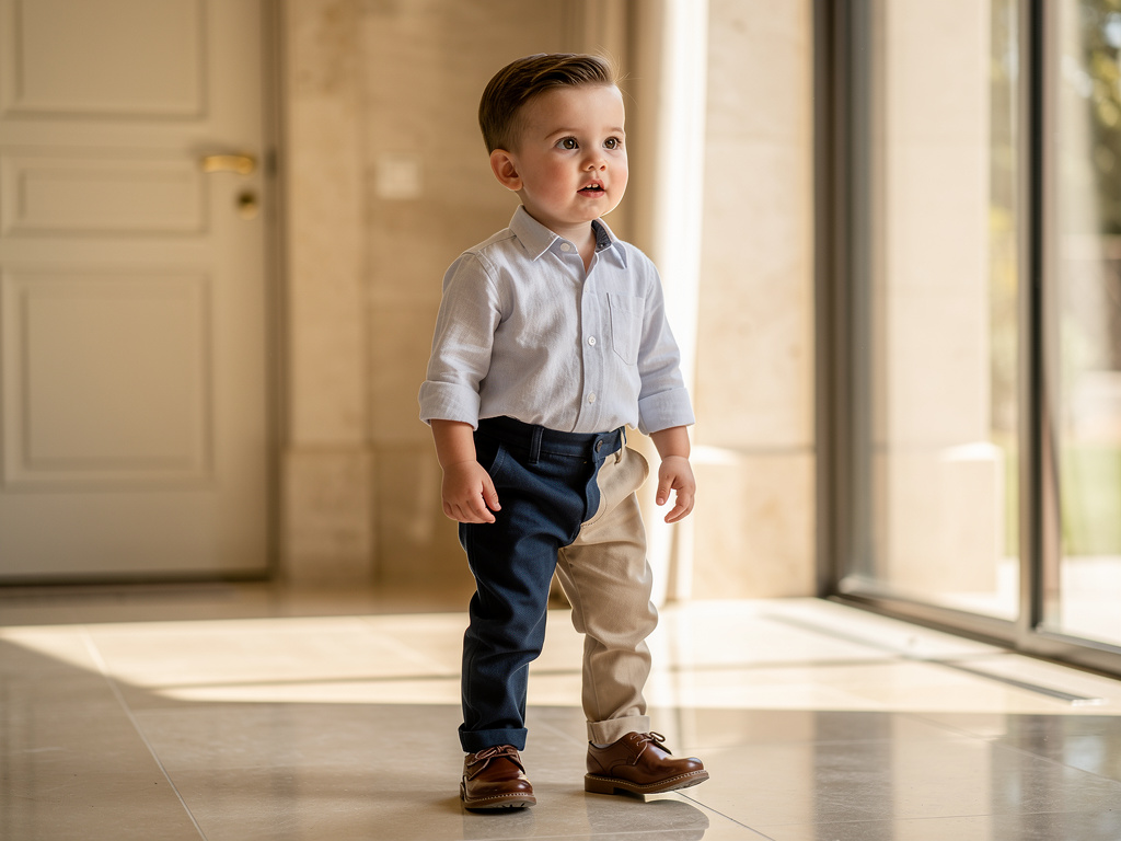 A beautiful boy enters the beautiful house.