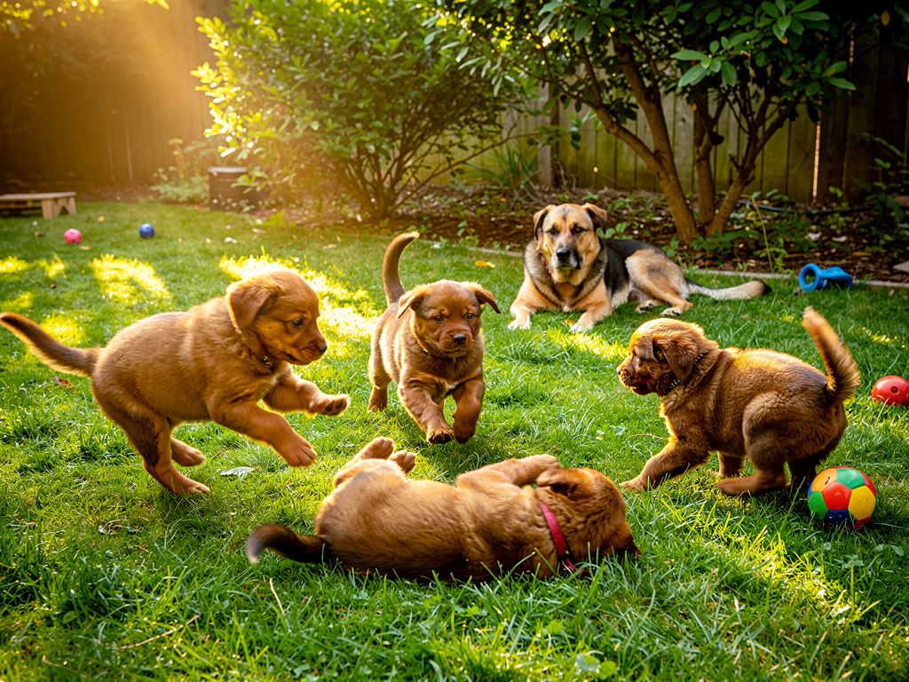 While she was away puppies went out to play.