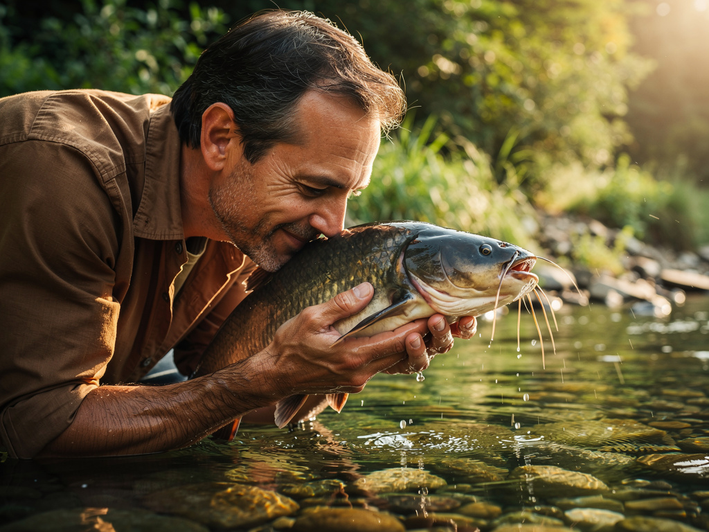 Imagine if: Close-up shot, the man gently kisses the catfish. 50 found and releases it into the crystal clear river, the fish