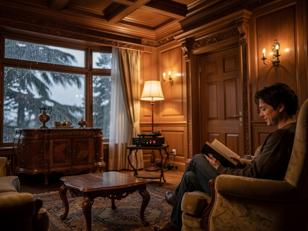 Inside a beautiful home, soft light envelops you, while outside, the rain pours down wildly. You're sitting in your favorite