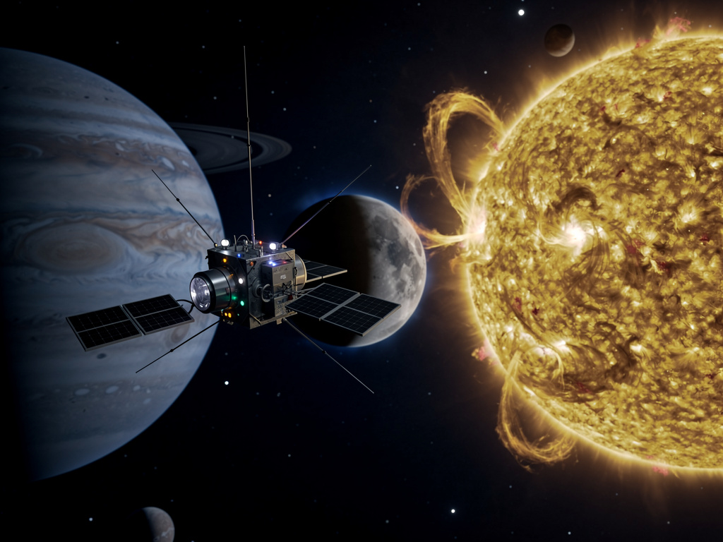 कल्पना करो: एक ड्रोन है जो उस रहा है और जो स्पेस में है और वह तारे और ग्रह के पास से जाता है।