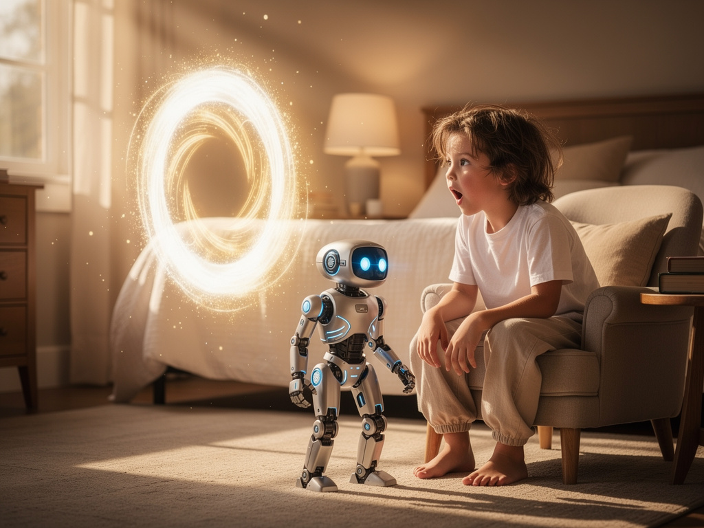 تخيل لو: في صباح هادئ، كان الطفل "سليم" يجلس قرب نافذته يتأمل ضوء الشمس، وفجأة ظهر وميض قوي في وسط الغرفة، وتحول إلى بوابة ضو