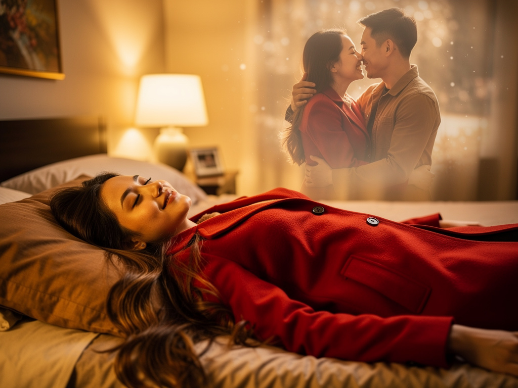 Hãy tưởng tượng nếu: Một cô gái Nga tóc dài mặc áo đỏ dài đang nằm trên giường nhắm mắt lại đang mơ một tình yêu đầy hạnh phú