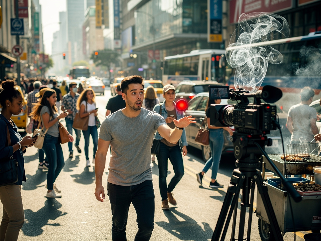 تخيل لو: شاب يمشي في شارع مزدحم، الناس والسيارات تتحرك بشكل طبيعي. فجأة يلاحظ زرًا أحمر صغيرًا يطفو في الهواء أمامه.
يضغط علي