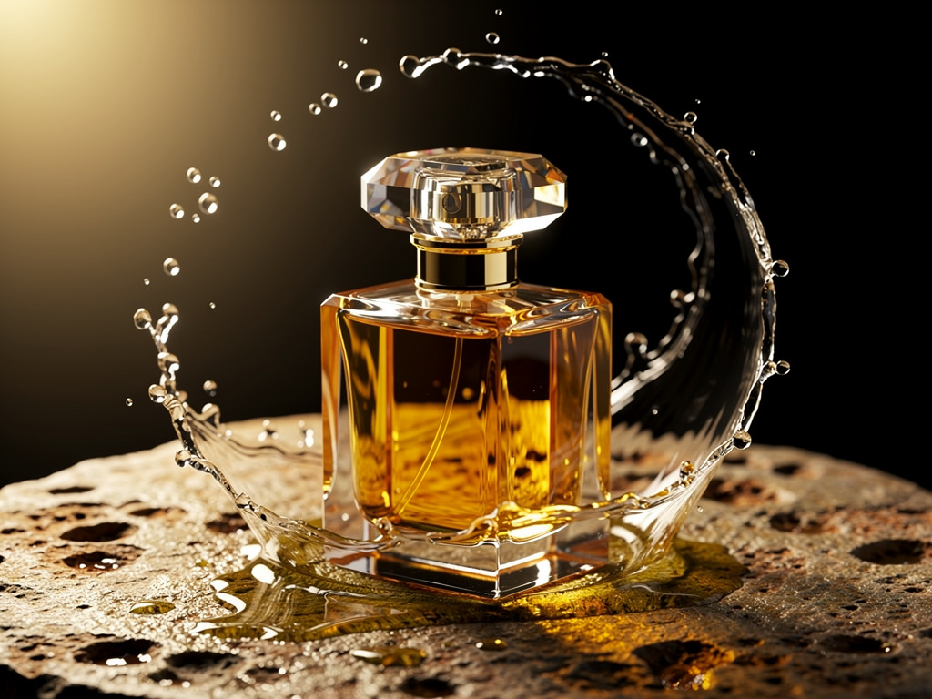 Imagine if: Luxury perfume commercial, ultra cinematic, a premium glass perfume bottle with golden amber liquid, crystal cap,