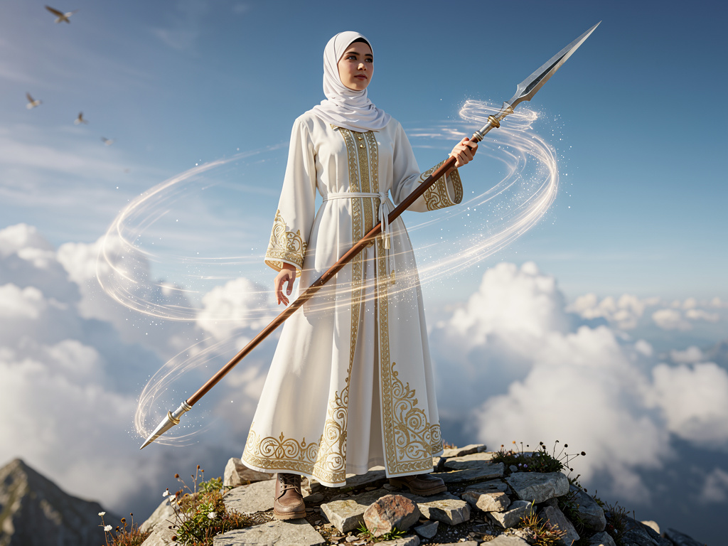 تخيل لو: فتاة أنمي ترتدي زي إسلامي وحجاب أبيض تحمل رمح وتستخدم سحر الهواء واقفة فوق جبل تنظر إلى الغيوم.