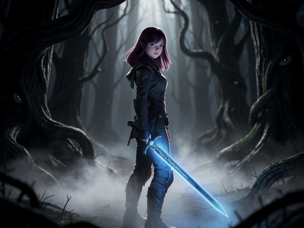 Imagine if: Anime style, a teenage girl with medium-length dark plum hair and silver eyes, holding a long sword with glowing