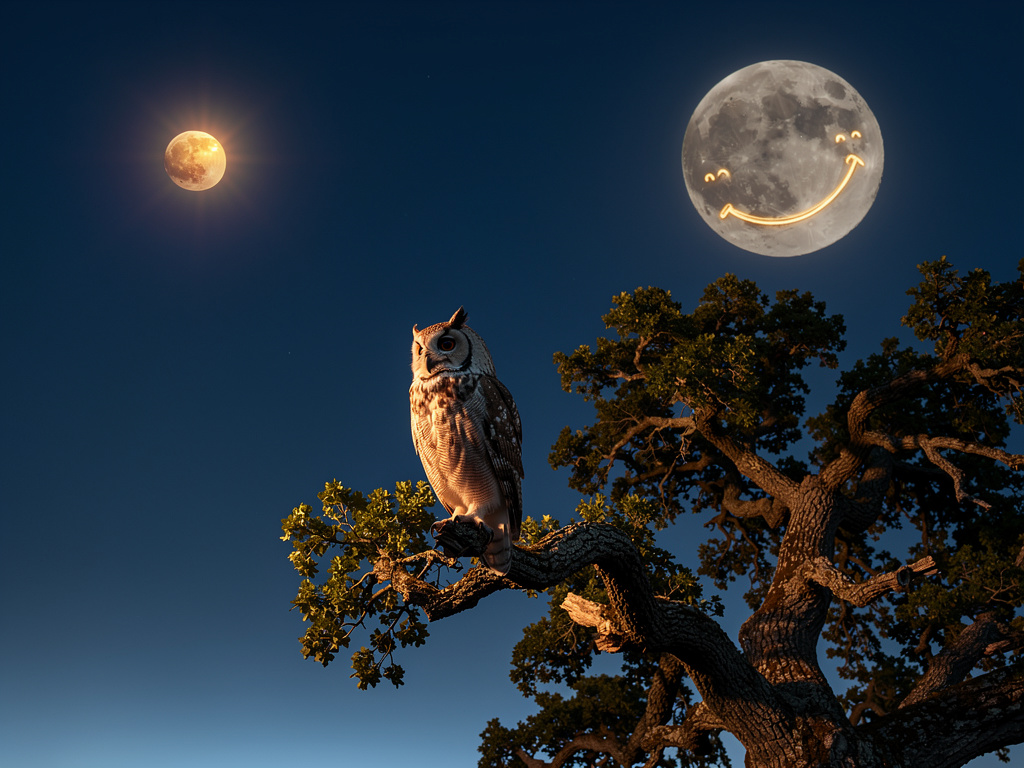 قرر لامع أن يتحدى النعاس ويبقى مستيقظاً هذه المرة. الأخرى تغمض عيونها، رأى بومة حكيمة تدعى "حكيمة" تجلس على غصن شجرة بلوط عال