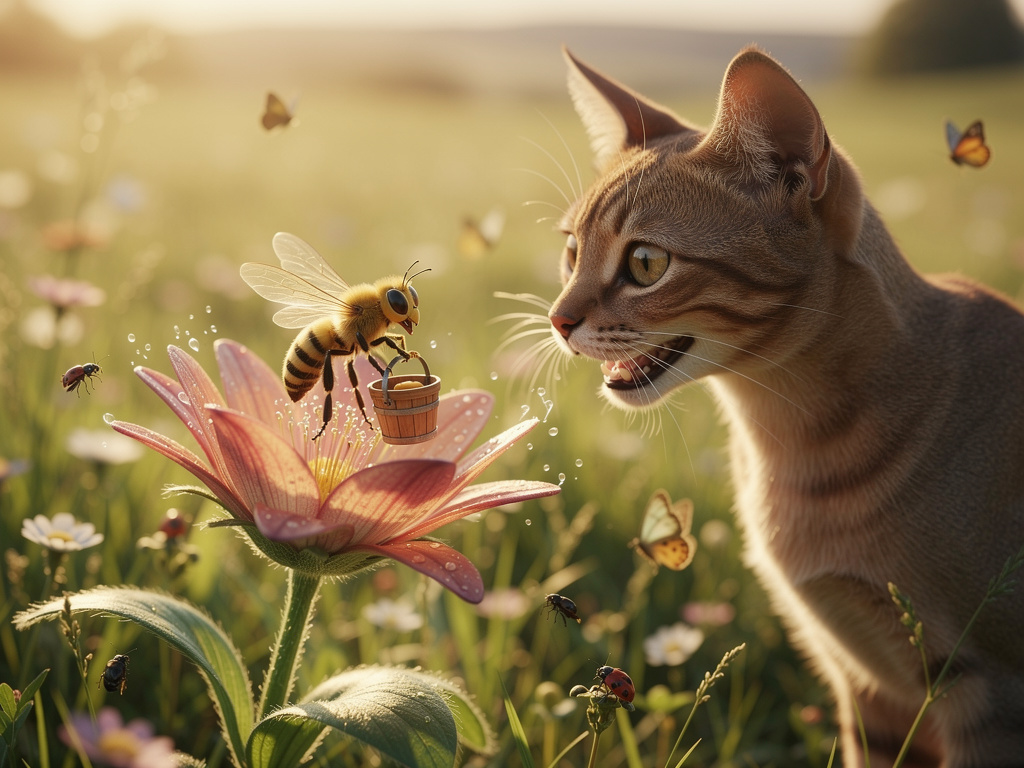 وفجأة، حطت نحلة صغيرة تدعى "بيبي" فوق بتلات الزهرة. كانت بيبي تحمل دلواً صغيراً لجمع الرحيق، وبدأت الزهرة والنحلة في تبادل ال