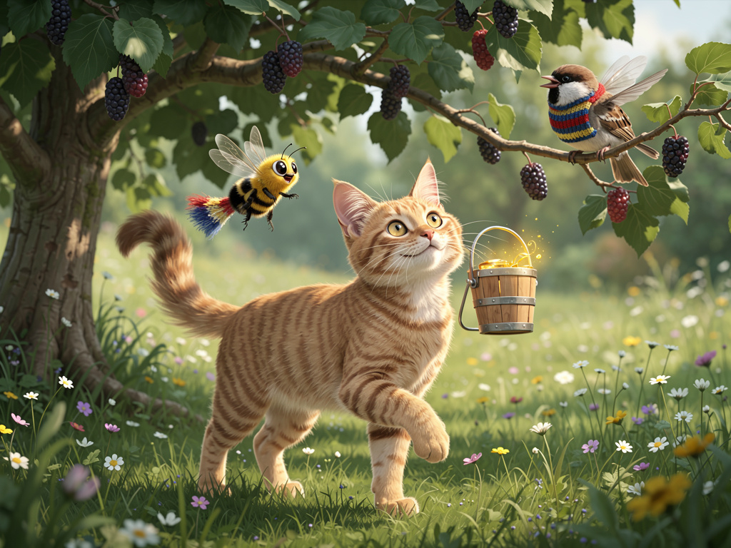 تابعت لولو طريقها حتى وصلت إلى شجرة التوت، حيث التقت بصديقها العصفور "زيزي". كان زيزي يرتدي وشاحاً صغيراً ملوناً ويغني أجمل ا