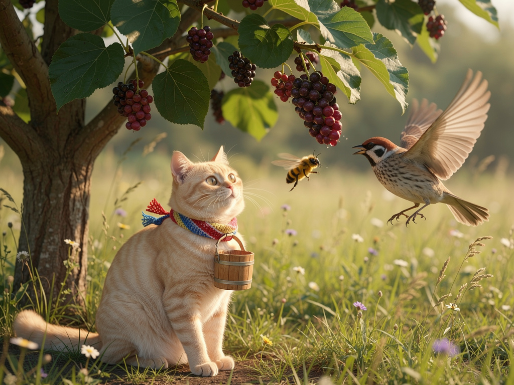 طار زيزي نحو عنقود من التوت الناضج، وبدأ يلتقط حبات التوت المستديرة واحدة تلو الأخرى. كان المنظر رائعاً، فالتوت يبدو كجواهر ص