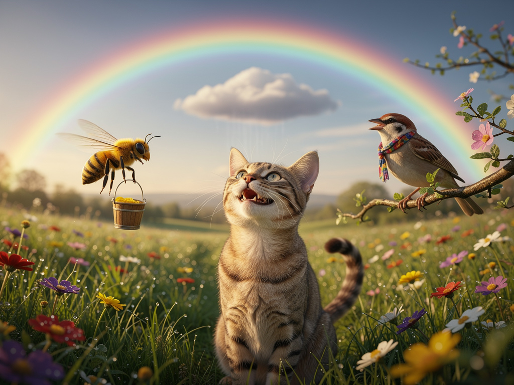 بعد المطر الخفيف، رسمت الغيمة "غيمة" قوس قزح رائعاً في الأفق. كان القوس يمتد من خلف الغيمة ليغطي السماء بألوانه الجميلة، مما