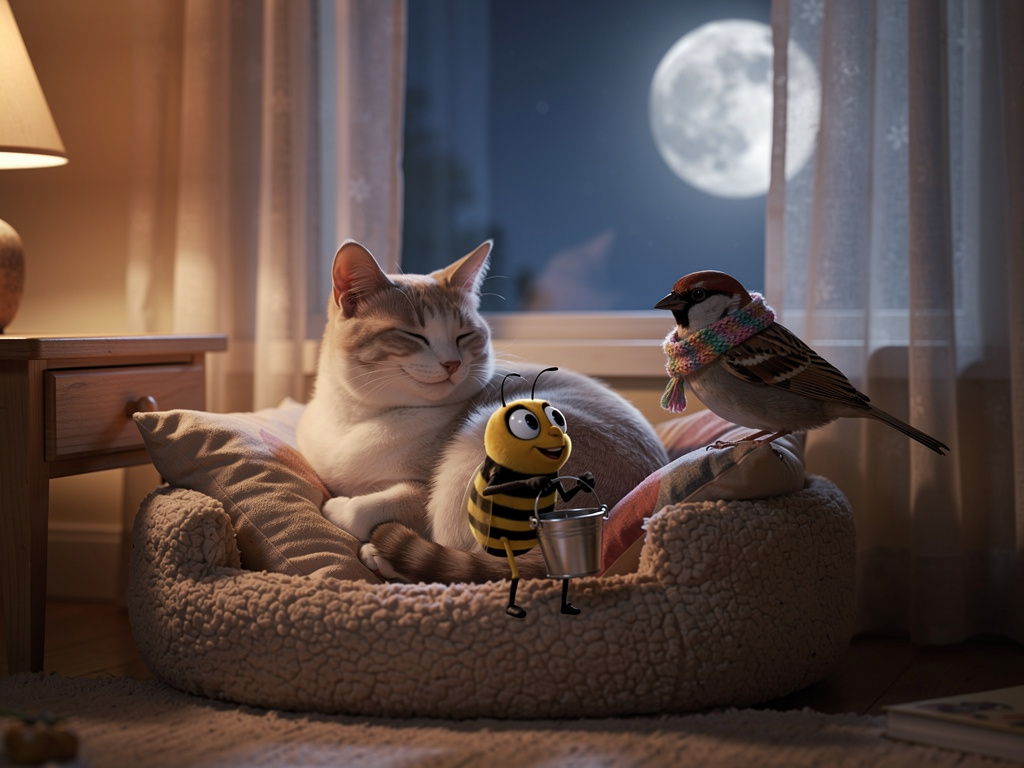 غاب النهار وظهر القمر "بدر" في السماء الصافية. كان القمر ينظر إلى لولو بحنان وهي تستعد للنوم في سريرها الصغير المليء بالوسائد