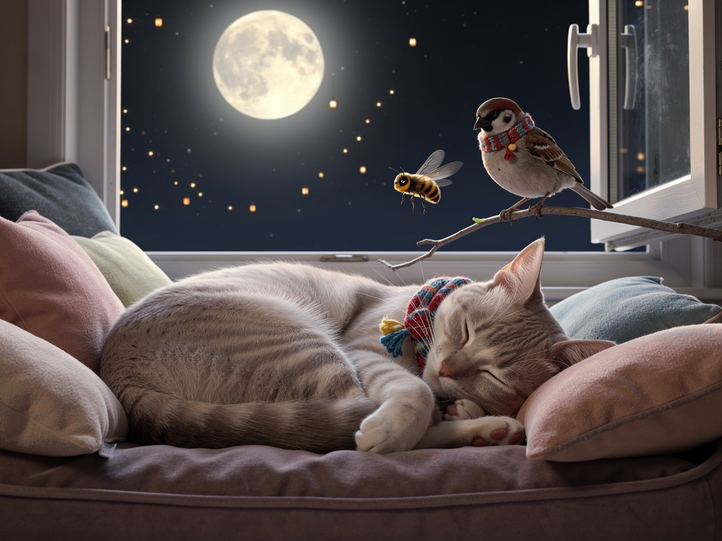 وبينما كانت لولو تحلم، رقصت النجوم الصغيرة حول القمر في السماء. كانت النجوم تلمع مثل المصابيح الصغيرة، تحرس أحلام لولو وكل ال