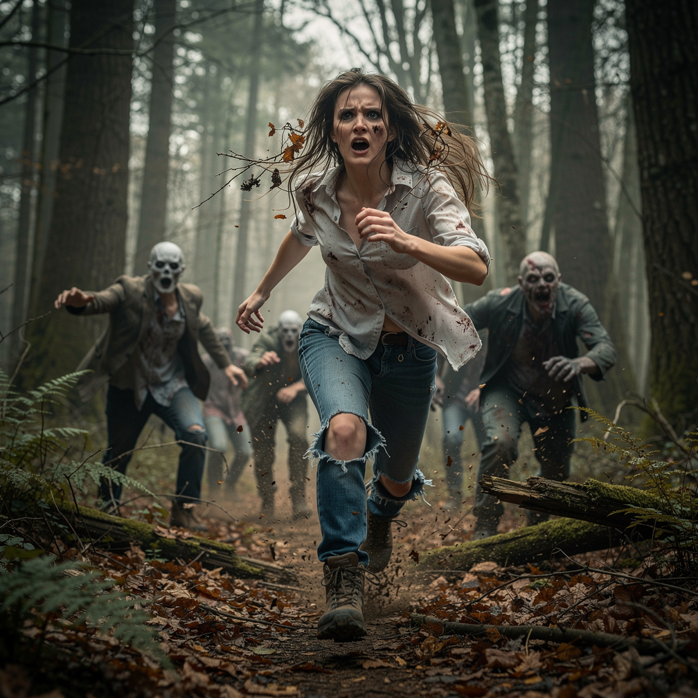 Imagine if: A woman runs for her life in the forest, zombies chasing close 🧟🌲 #horror #escape.