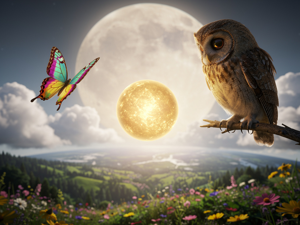 بدأ ضوء لامع يتلاشى وسط ضوء الشمس القوي. نظر إلى صديقته حكيمة البومة التي كانت تستعد للنوم وقالت له: "الآن عرفت سر النهار يا