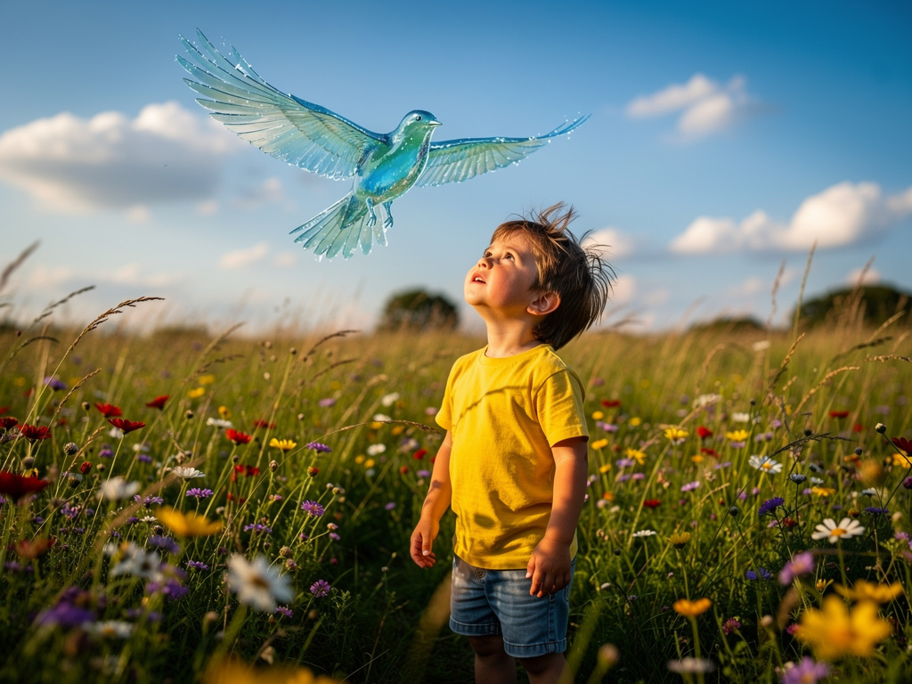 Imagine if: A little boy sees a TRANSPARENT WATER COLORED BIRD FLYING.