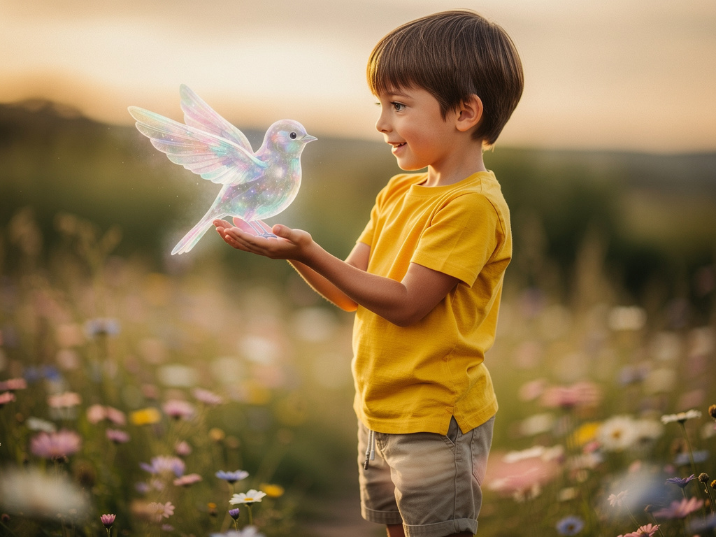 A BEAUTIFUL WATER COLORED BIRD SIT IN BEAUTIFUL LITTLE BOY HAND.