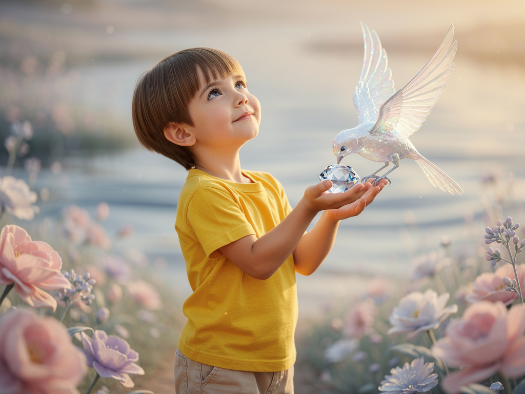 A BEAUTIFUL WATER COLORED BIRD GIVE HER LITTLE BEAUTIFUL BOY A PURE WATER DIAMOND.