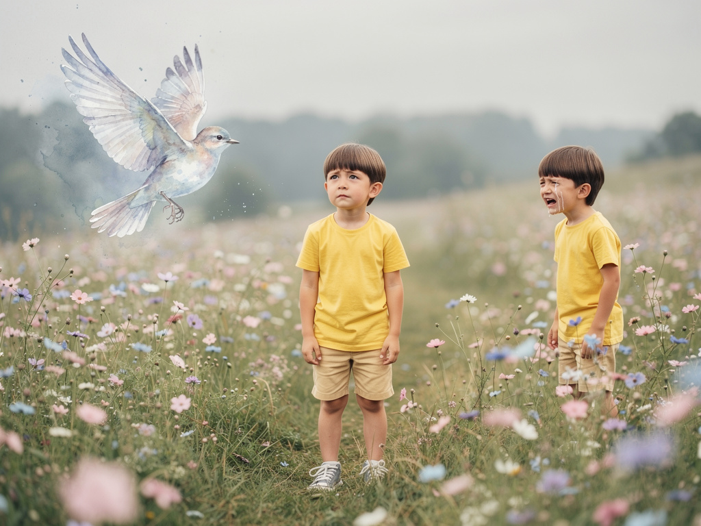 A BEAUTIFUL LITTLE WATER BIRD IS GOING , A LITTLE BEAUTIFUL BOY IS SEEING A GOOD BOY AND CRYING.