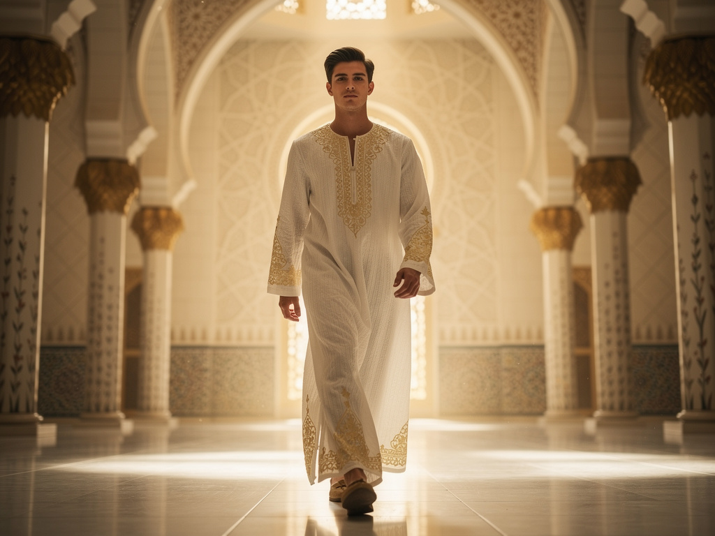 Imagine if: A young man walks confidently inside a magnificent mosque, wearing an elegant white robe embroidered with delicat