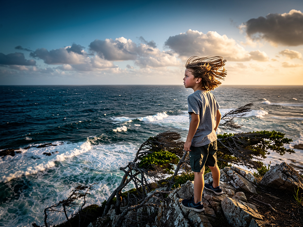 Imagine si: Un jeune garçon de 12 ans qui porte un t-shirt et un short observe la mer au-dessus d'une falaise, le vent commen