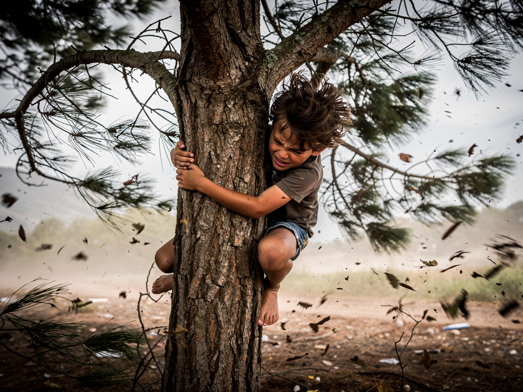 Il est emporté par les rafales de vent. Après plusieurs minutes, il réussit à s'accrocher sur un arbre pour résister.