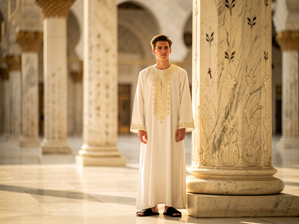 Imagine if: A cinematic image of a young man standing confidently in the courtyard of a grand mosque, not leaning on anything