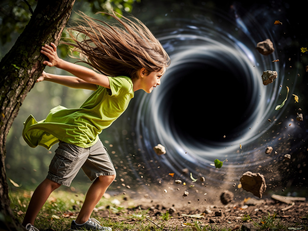 Un trou noir se forme aspirant tout, ses vêtements et ses cheveux sont aspirés vers le trou noir.