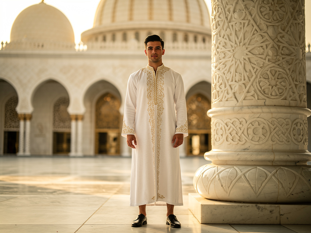 Imagine if: A cinematic image of a young man standing confidently in the courtyard of a grand mosque, not leaning on anything