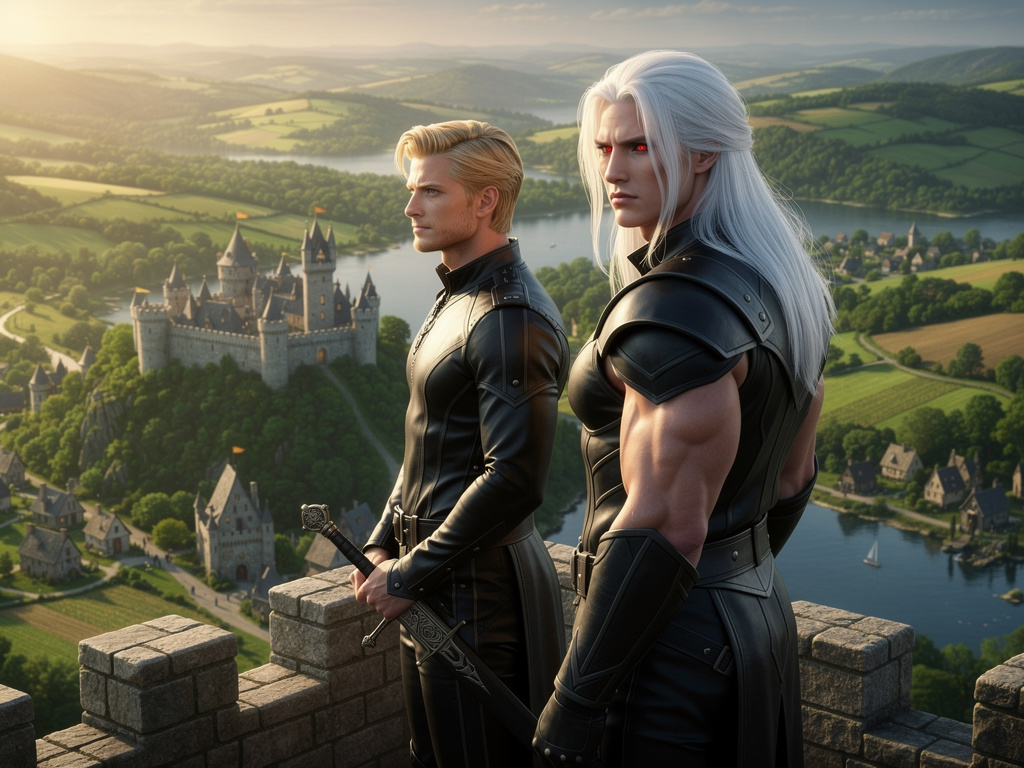 تخيل لو: تحيل لو : ان ففي عام العصور الوسطى امير وسيم اشقر الشعر الطويل  طويل القامه كارزمي يرتدي زي النبلاء وهو يقف من فوق أ