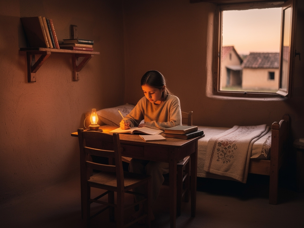 تعيش في قرية بسيطة جدا عائلتها فقراء تدرس بجد وكانت مشتهدة.