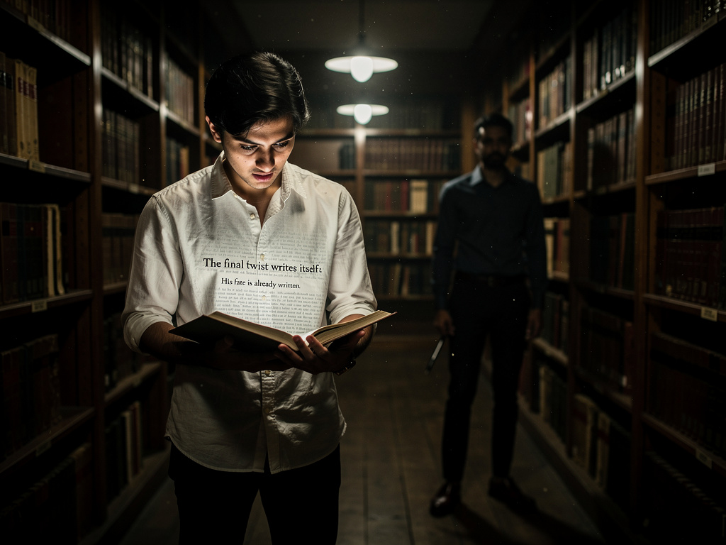 The lights flicker as the final lines spread across the page. Footsteps echo behind him, but when he turns, the library is em