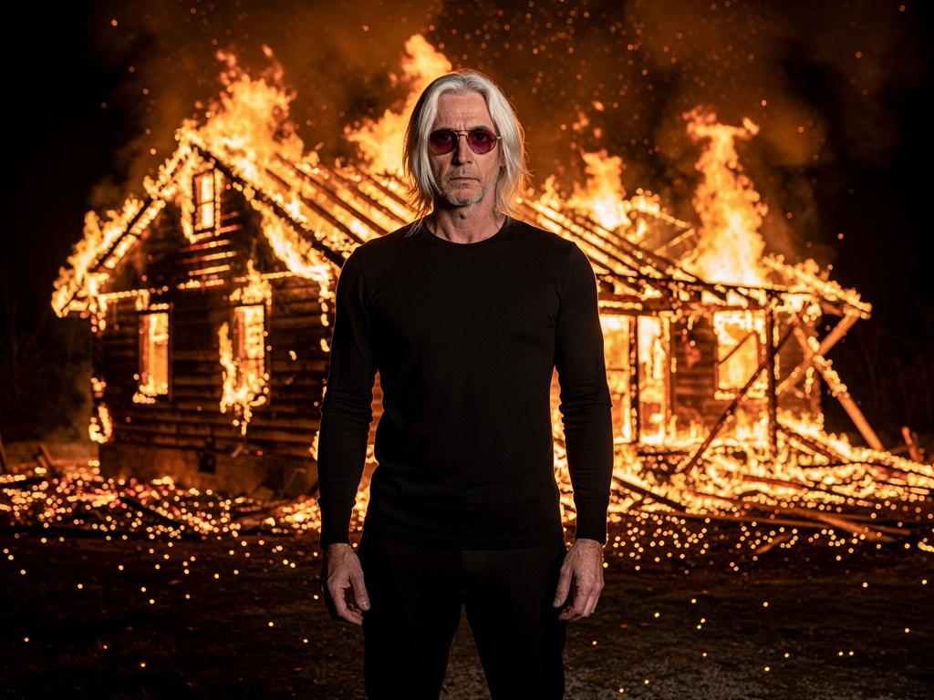 تخيل لو: في أنمي
رجل بشعر أبيض يصل للرقبة عيون نعسانه متعبة لونها أحمر غامق الملابس سوداء يقف أمام بيت خشبي مشتعل بنار في وس