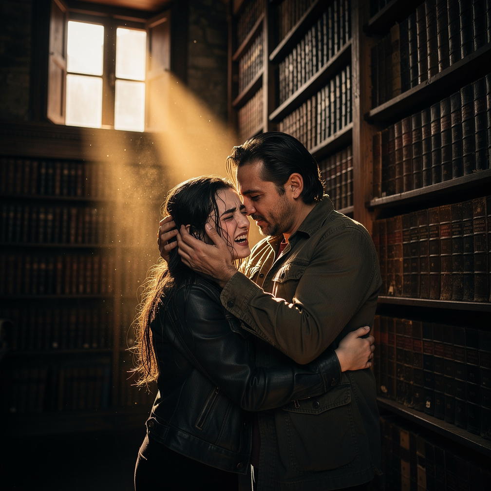 في مكتبة مليئة بالكتب القديمة ، يتسلل إليها شعاع من الضوء الذهبي من نافذة خشبية وسط رفوف الكتب ، كانت تبكي بهستيريا متكئة على