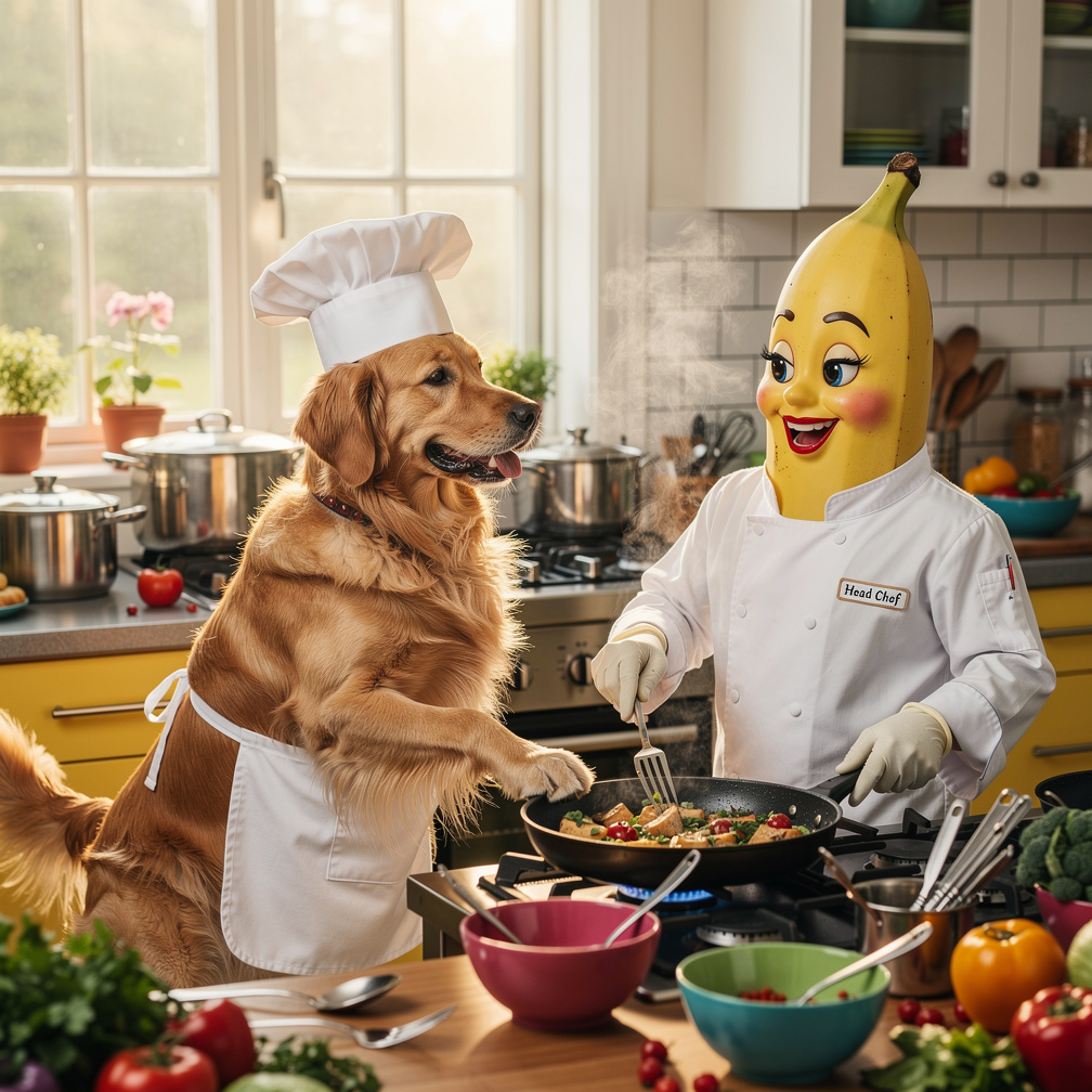 Makeup banana cook with a dog in a kitchen a delicious meal.
