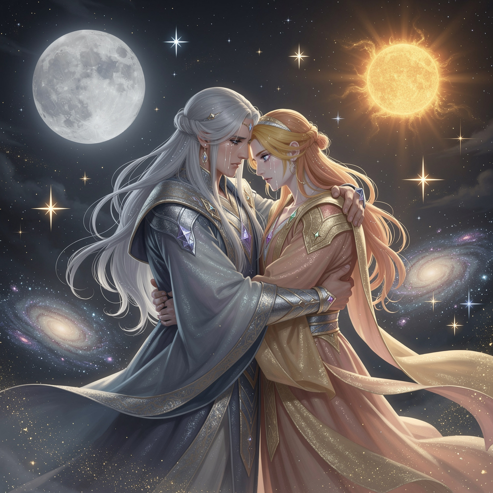 İkisi de erkekti ve hava karanlıktı, birbirlerine sarılmışlardı. Ay tanrısı ağlıyordu ve yıldızlar tanrısı onu kucağına alıp 