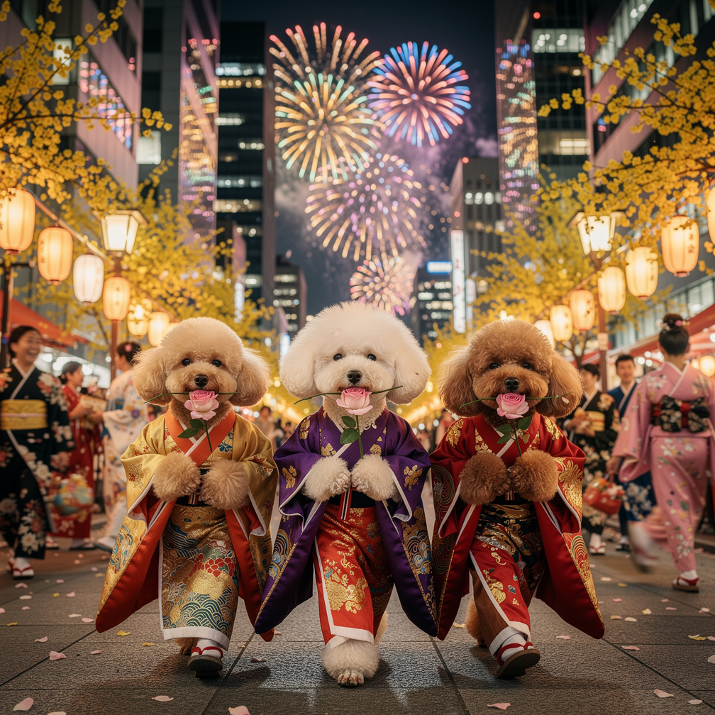 Hãy tưởng tượng nếu: Ba chú chó bông Nhật Bản mặc áo dài truyền thống ôm hoa hồng đi chúc Tết ngoài phố đông người qua lại đầ