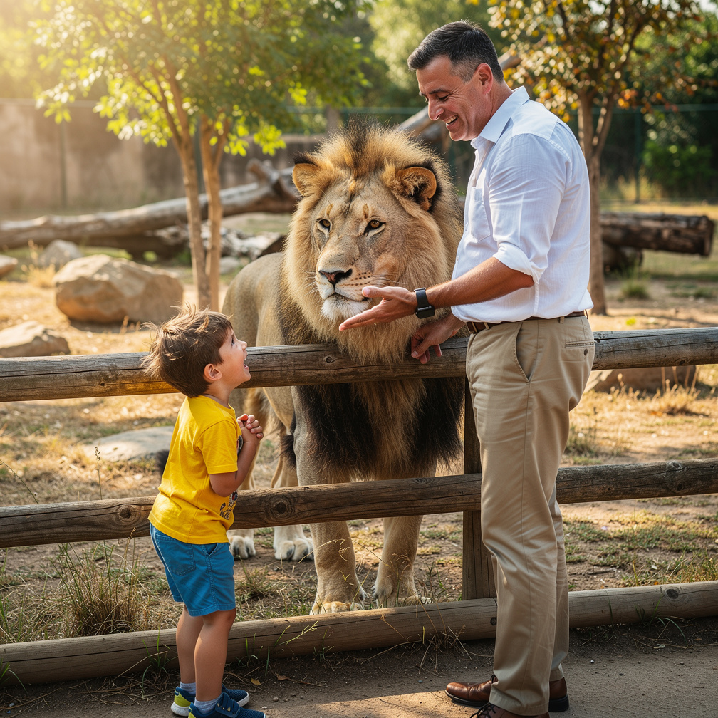 يري الأسد ووالده يقول له هذا ملك الغابة فيندهش الطفل.