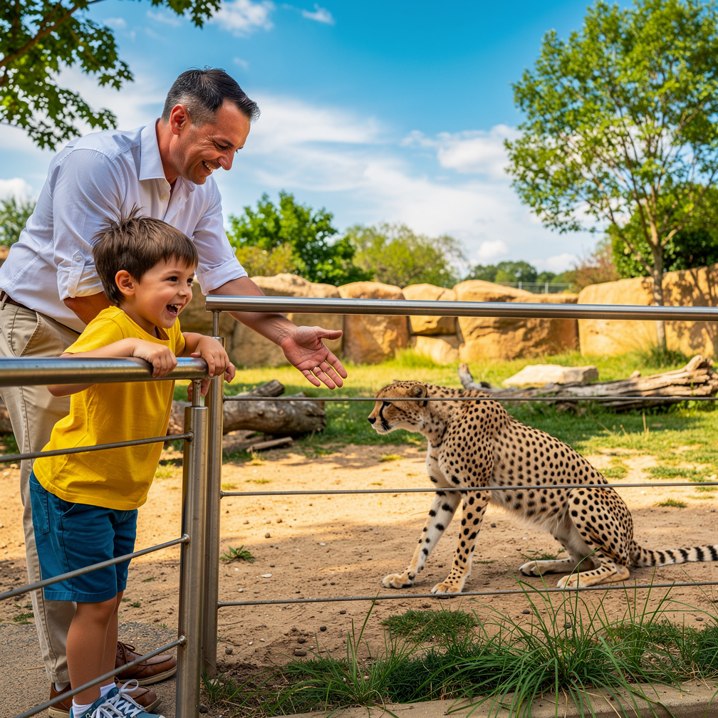 يُريك الأب فهدا ويُفسر لهم أن « هم أسرع حيوان في العالم ». الطفل في حالة دهشة.